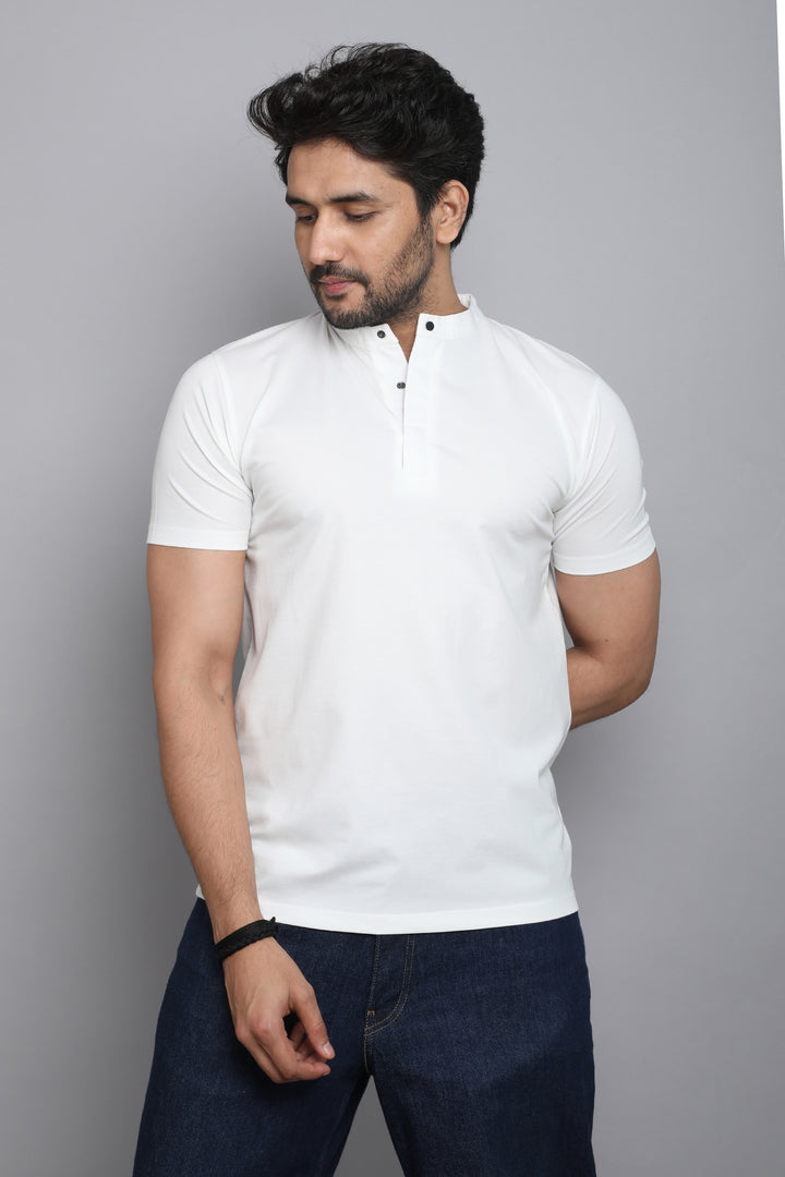 Cotton White Mandarin Collar T-shirt