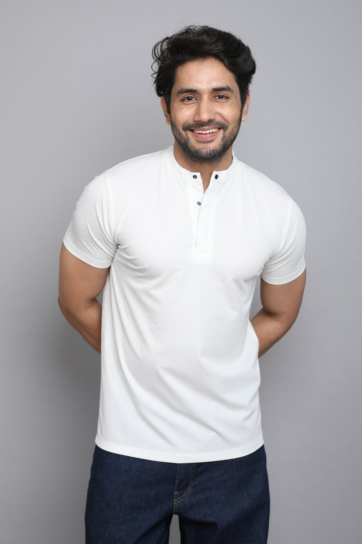 Cotton White Mandarin Collar T-shirt