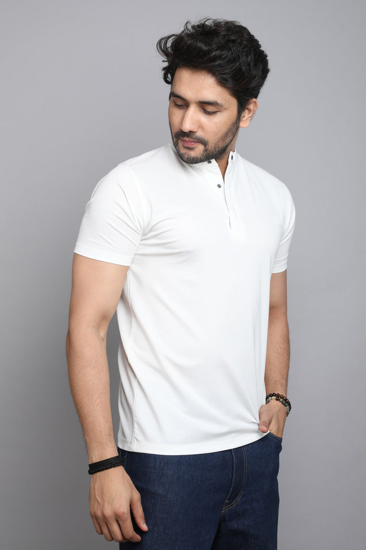Cotton White Mandarin Collar T-shirt