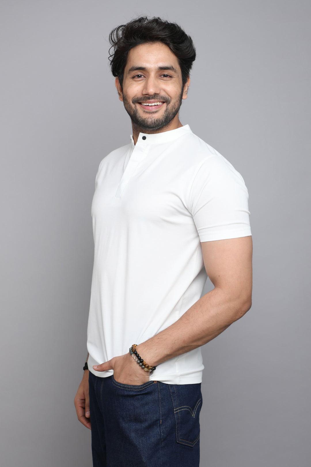 Cotton White Mandarin Collar T-shirt