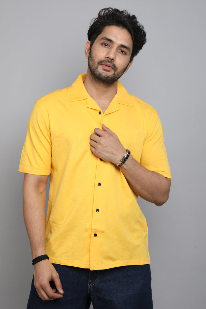Yellow Slub Lycra Cuban Collar Half Sleeve Shirt