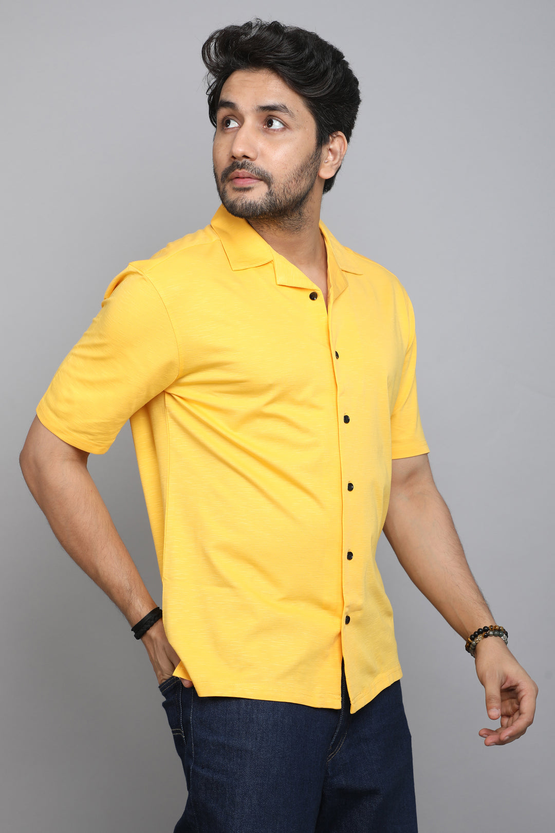 Yellow Slub Lycra Cuban Collar Half Sleeve Shirt