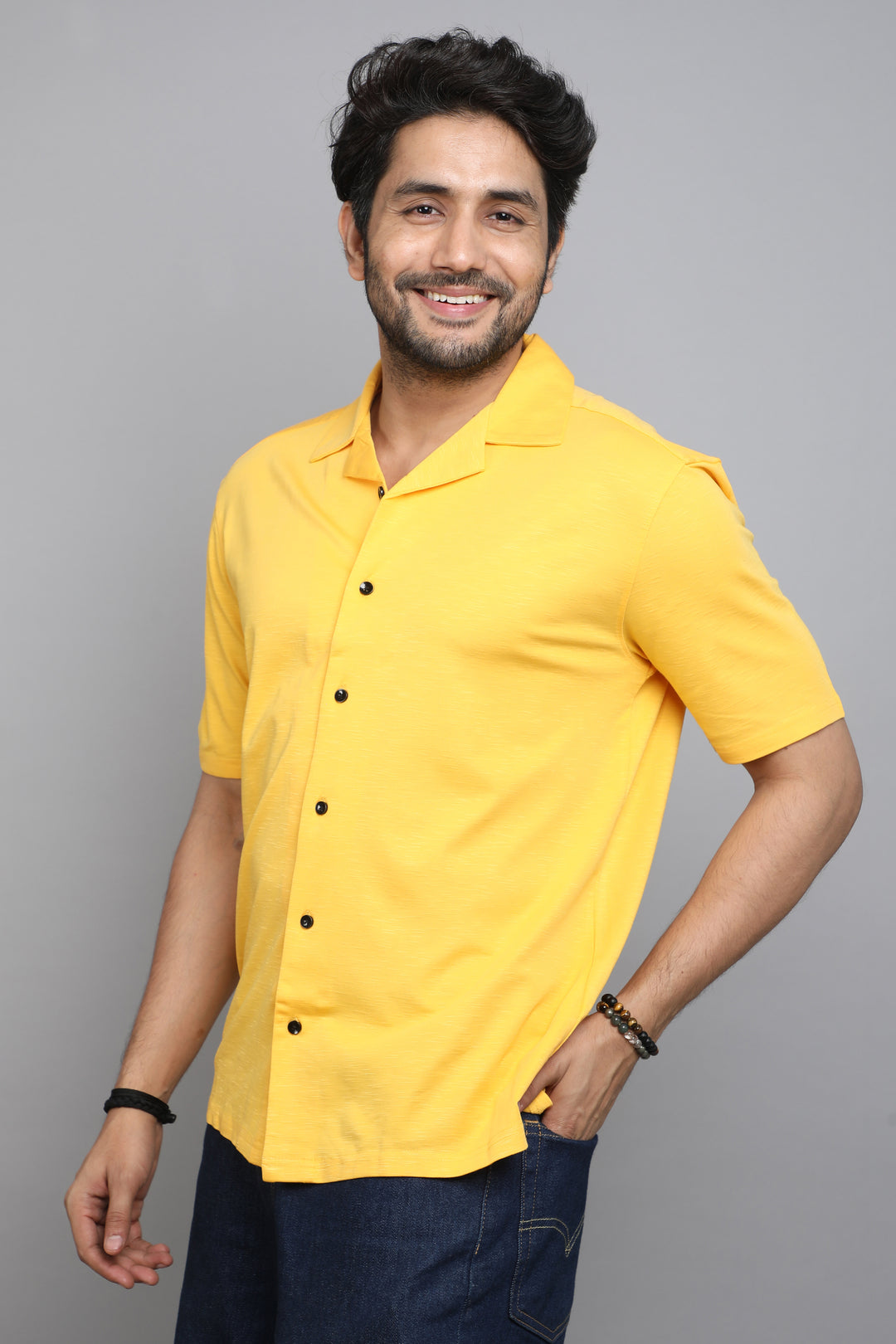Yellow Slub Lycra Cuban Collar Half Sleeve Shirt
