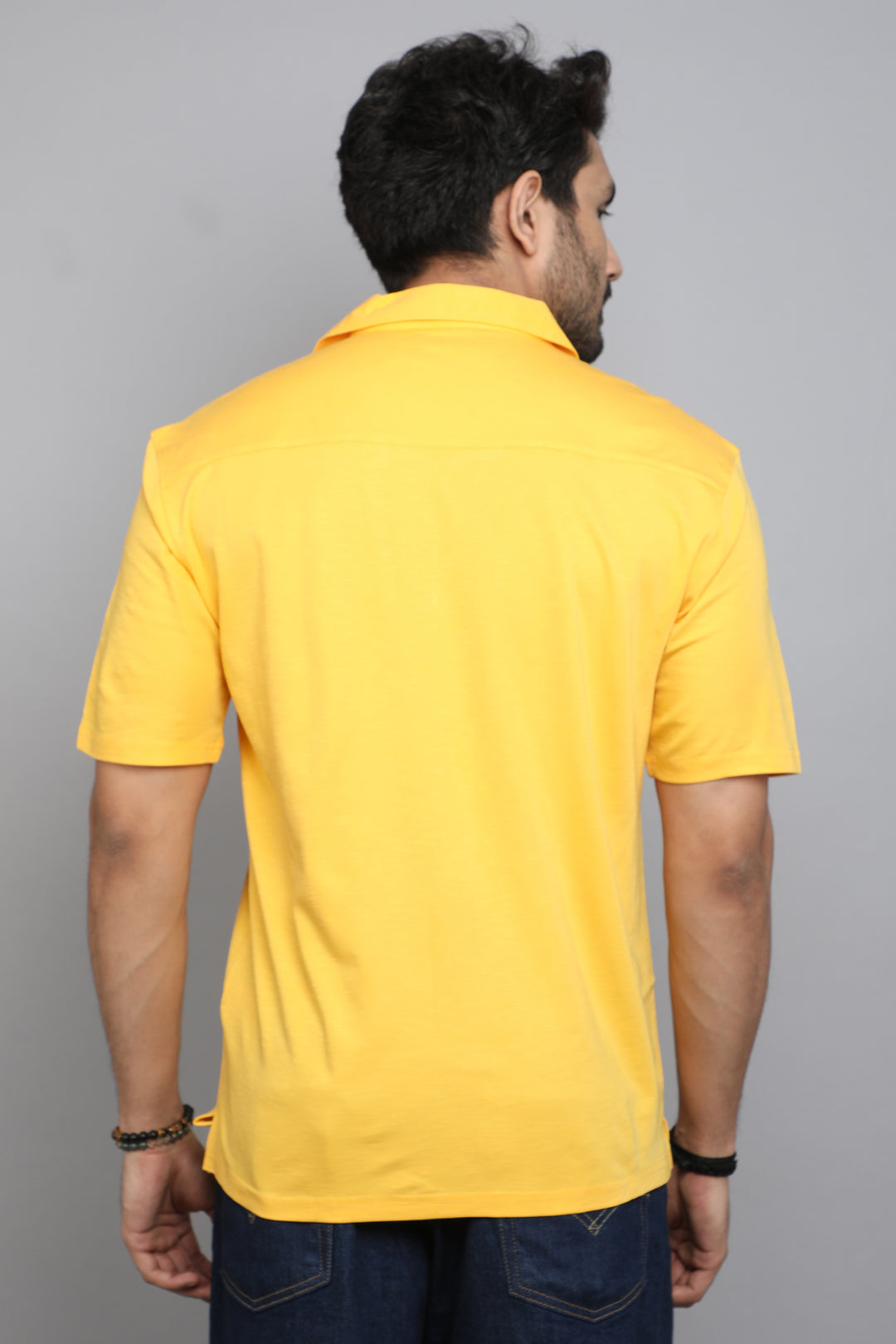 Yellow Slub Lycra Cuban Collar Half Sleeve Shirt