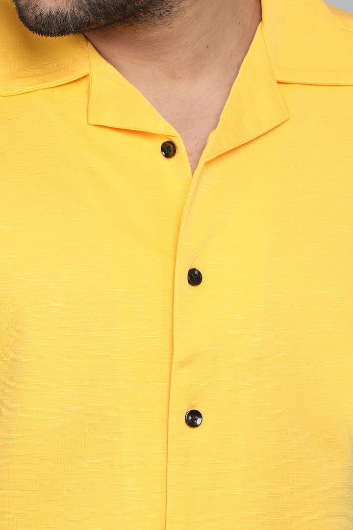 Yellow Slub Lycra Cuban Collar Half Sleeve Shirt