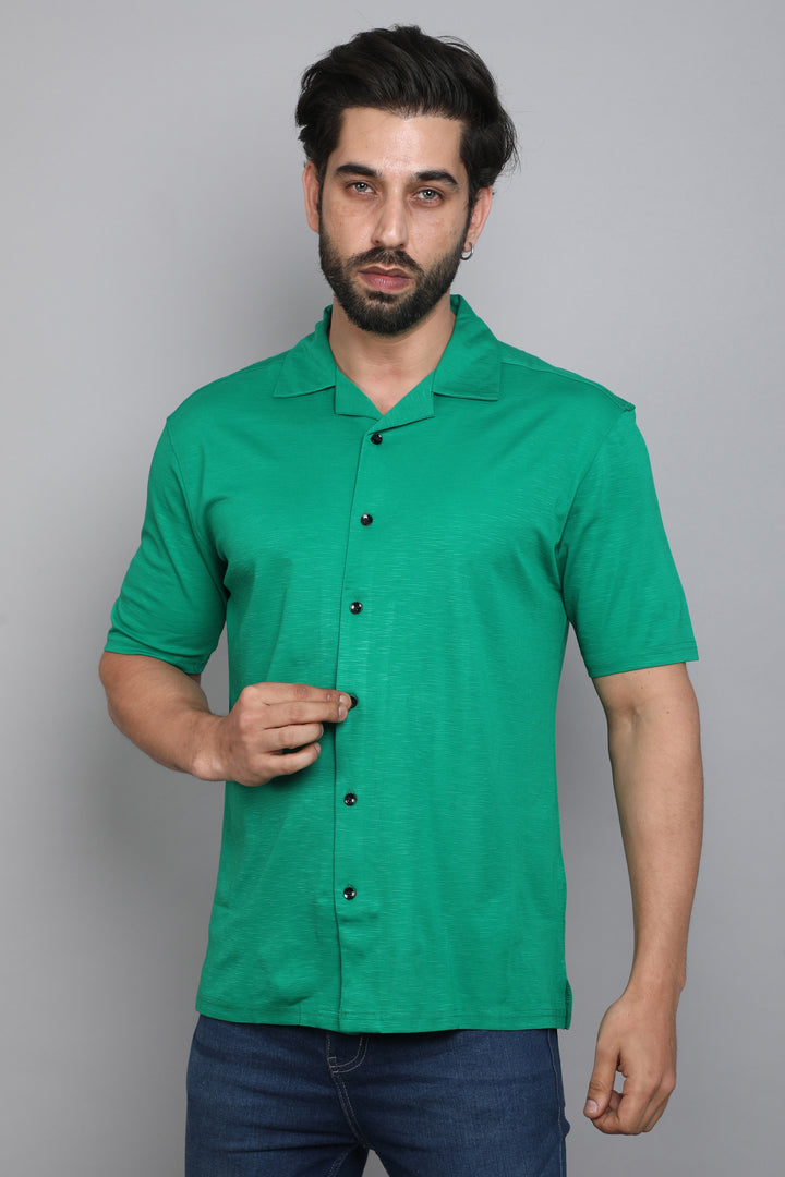 Green Slub Lycra Cuban Collar Half Sleeve Shirt
