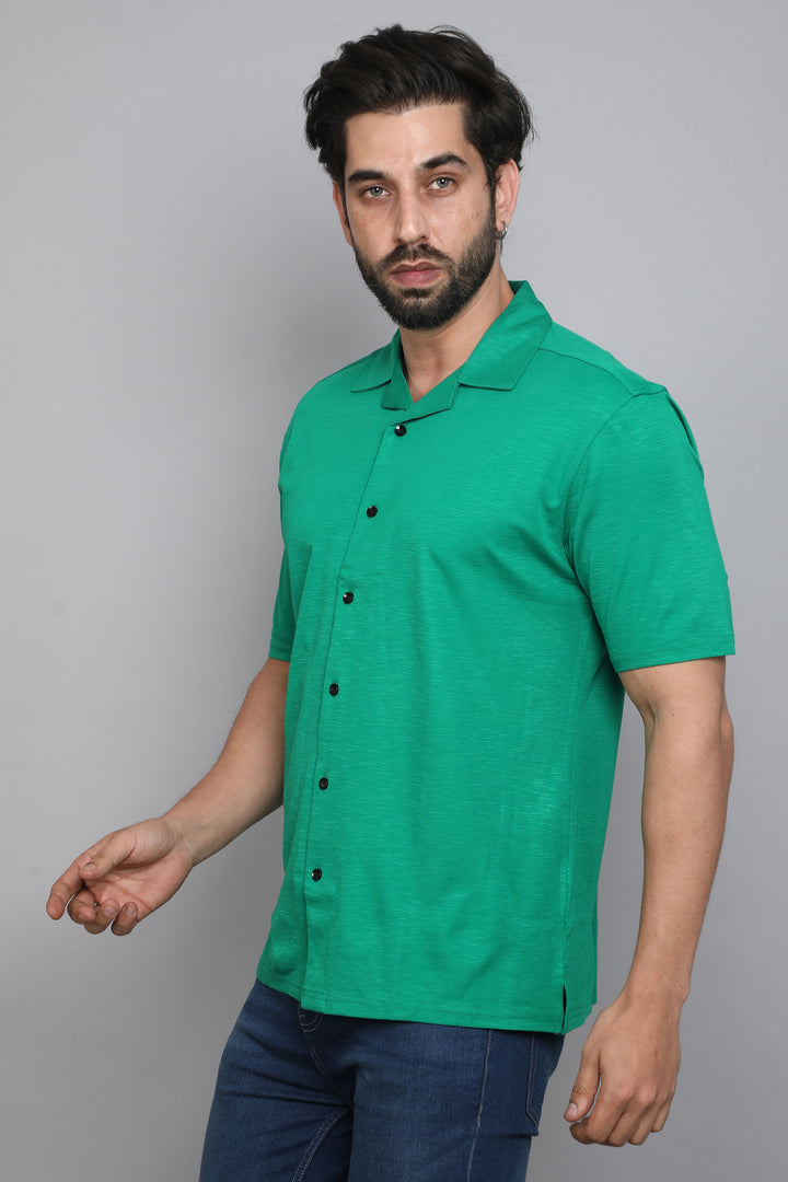 Green Slub Lycra Cuban Collar Half Sleeve Shirt