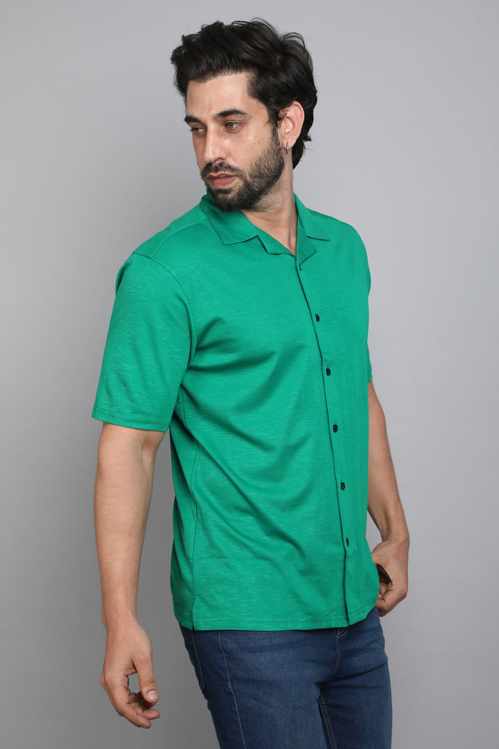 Green Slub Lycra Cuban Collar Half Sleeve Shirt