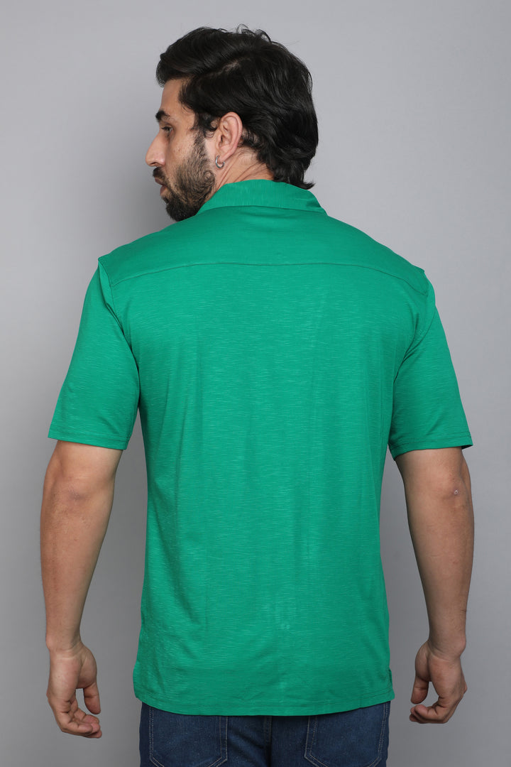 Green Slub Lycra Cuban Collar Half Sleeve Shirt
