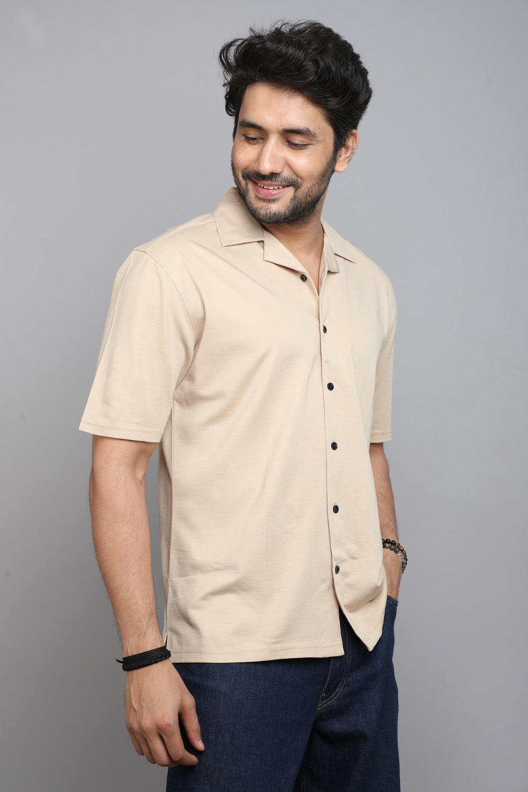 Cream Slub Lycra Cuban Collar Half Sleeve Shirt