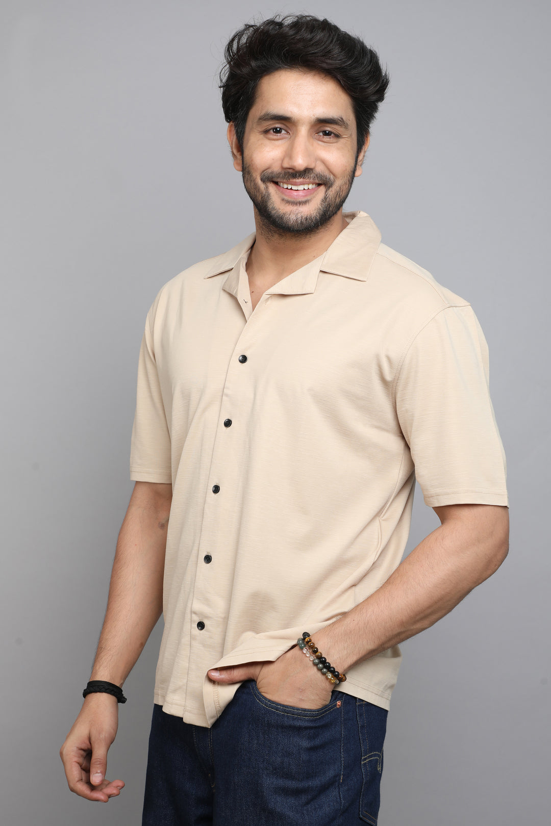 Cream Slub Lycra Cuban Collar Half Sleeve Shirt