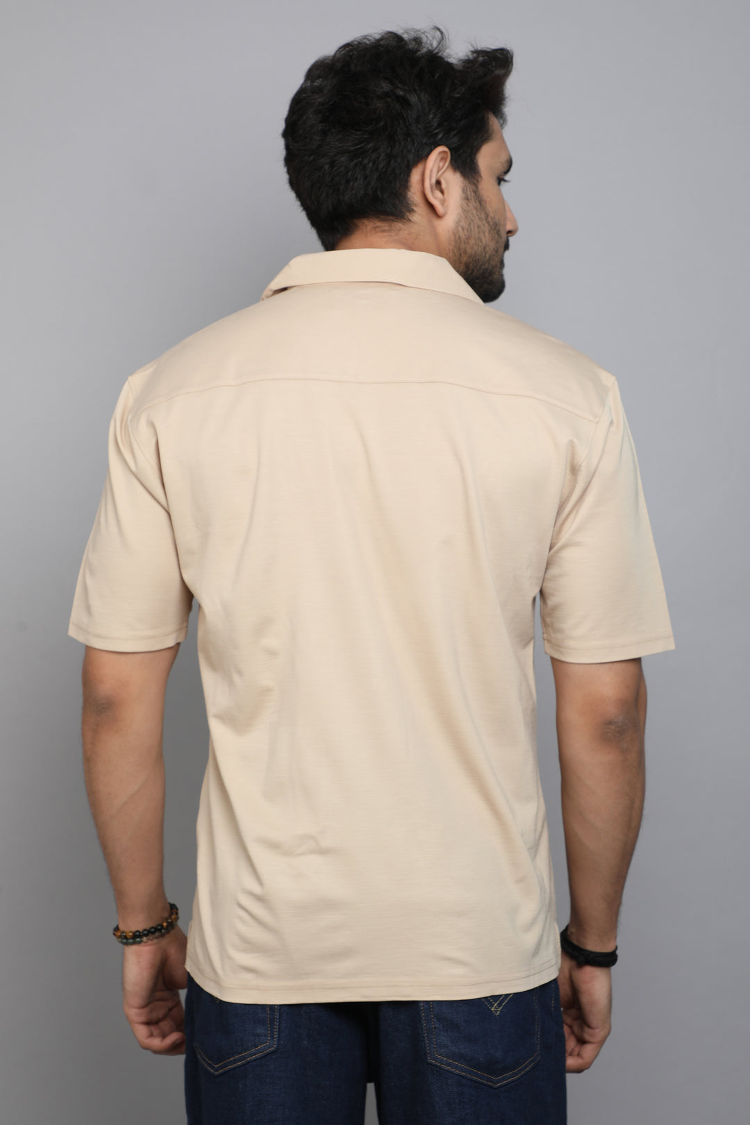 Cream Slub Lycra Cuban Collar Half Sleeve Shirt