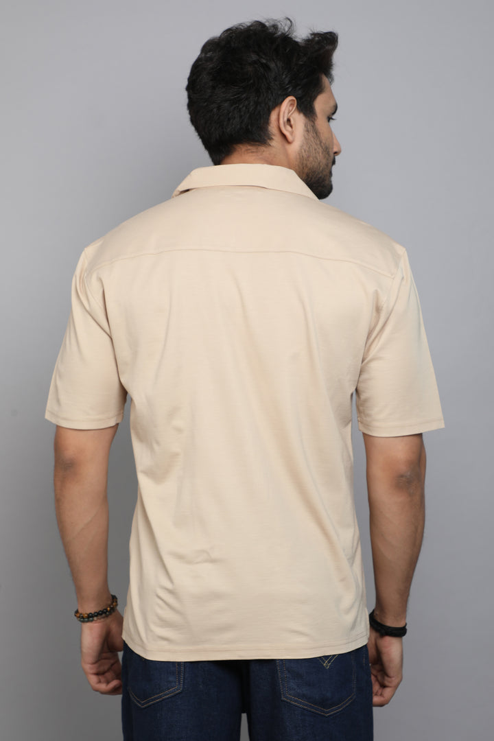 Cream Slub Lycra Cuban Collar Half Sleeve Shirt