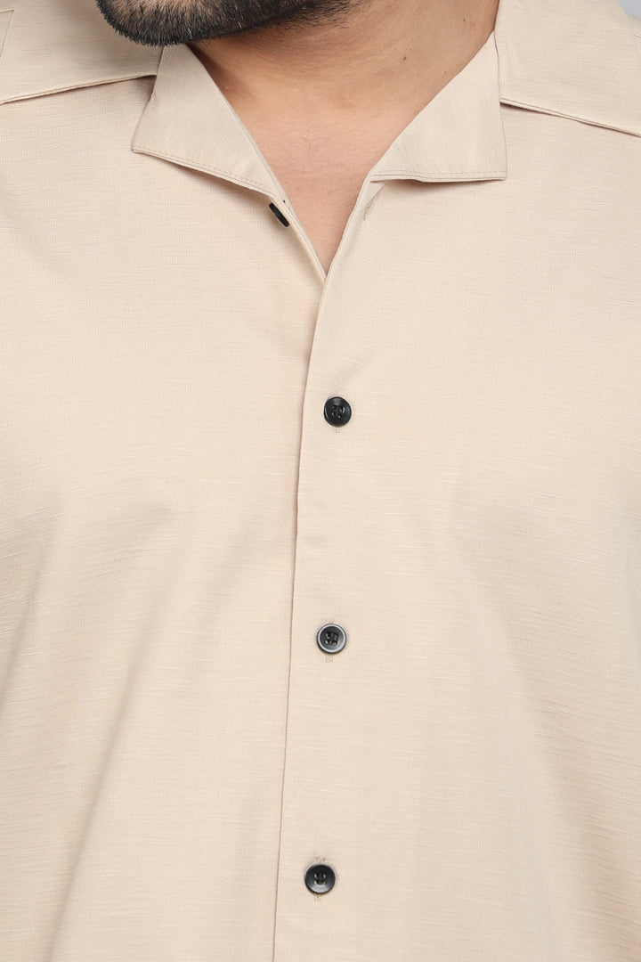 Cream Slub Lycra Cuban Collar Half Sleeve Shirt