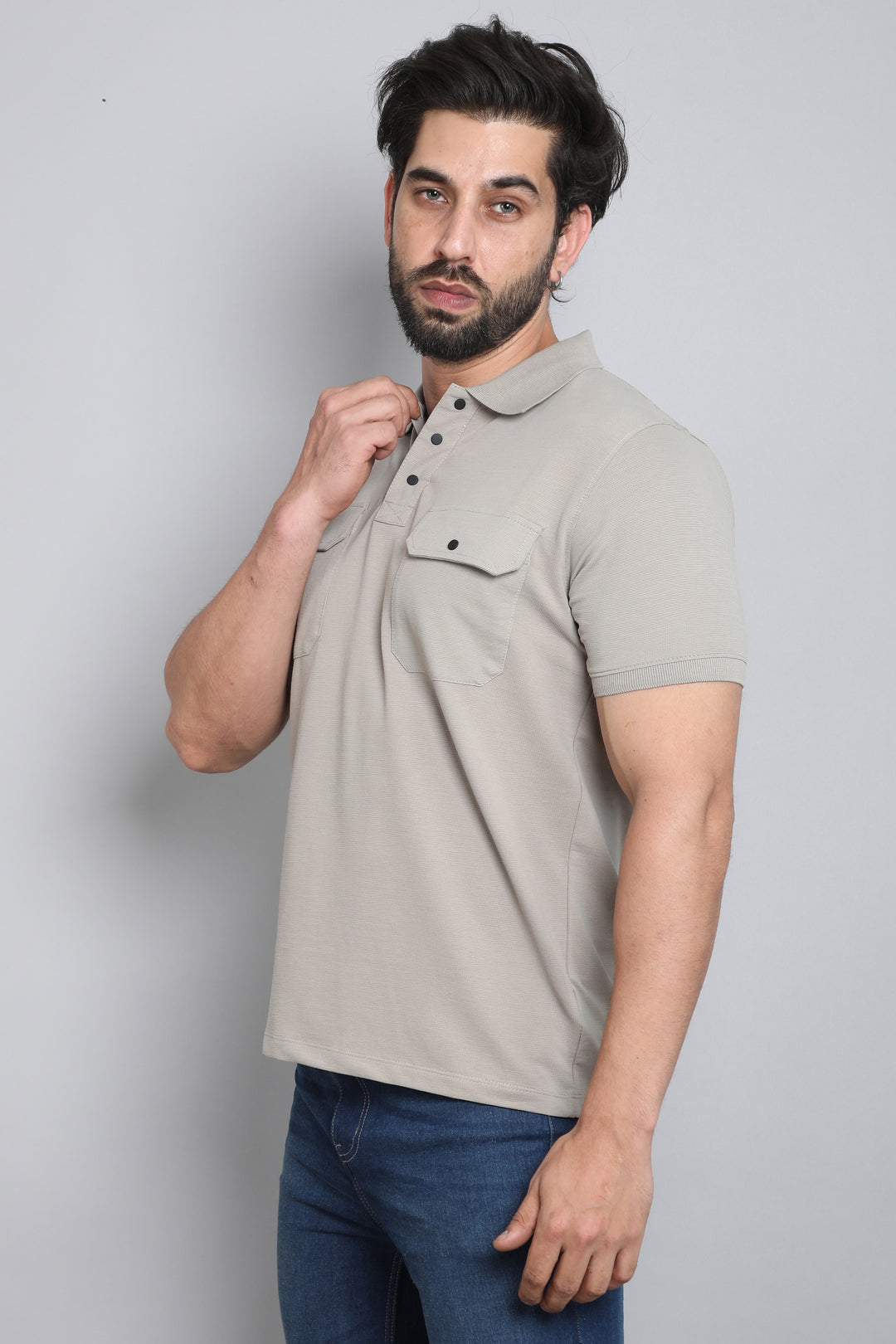 Light Grey Cargo Pocket Polo T-Shirt - Main Image