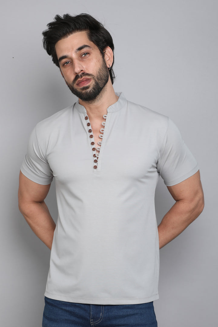 Cotton Grey Henley Half Sleeves T-Shirt
