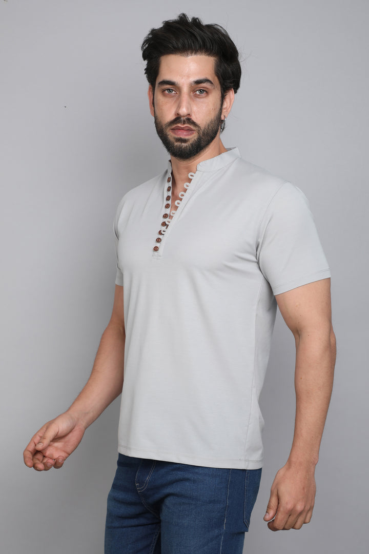Cotton Grey Henley Half Sleeves T-Shirt