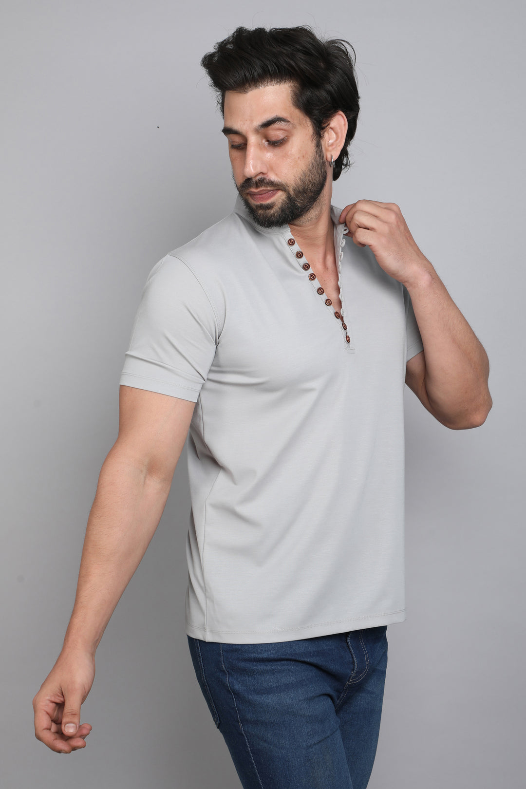 Cotton Grey Henley Half Sleeves T-Shirt