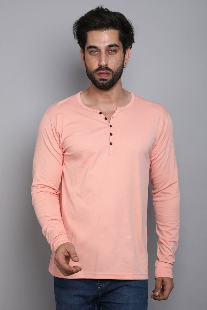 Cotton Peach Henley Long Sleeves T-Shirt