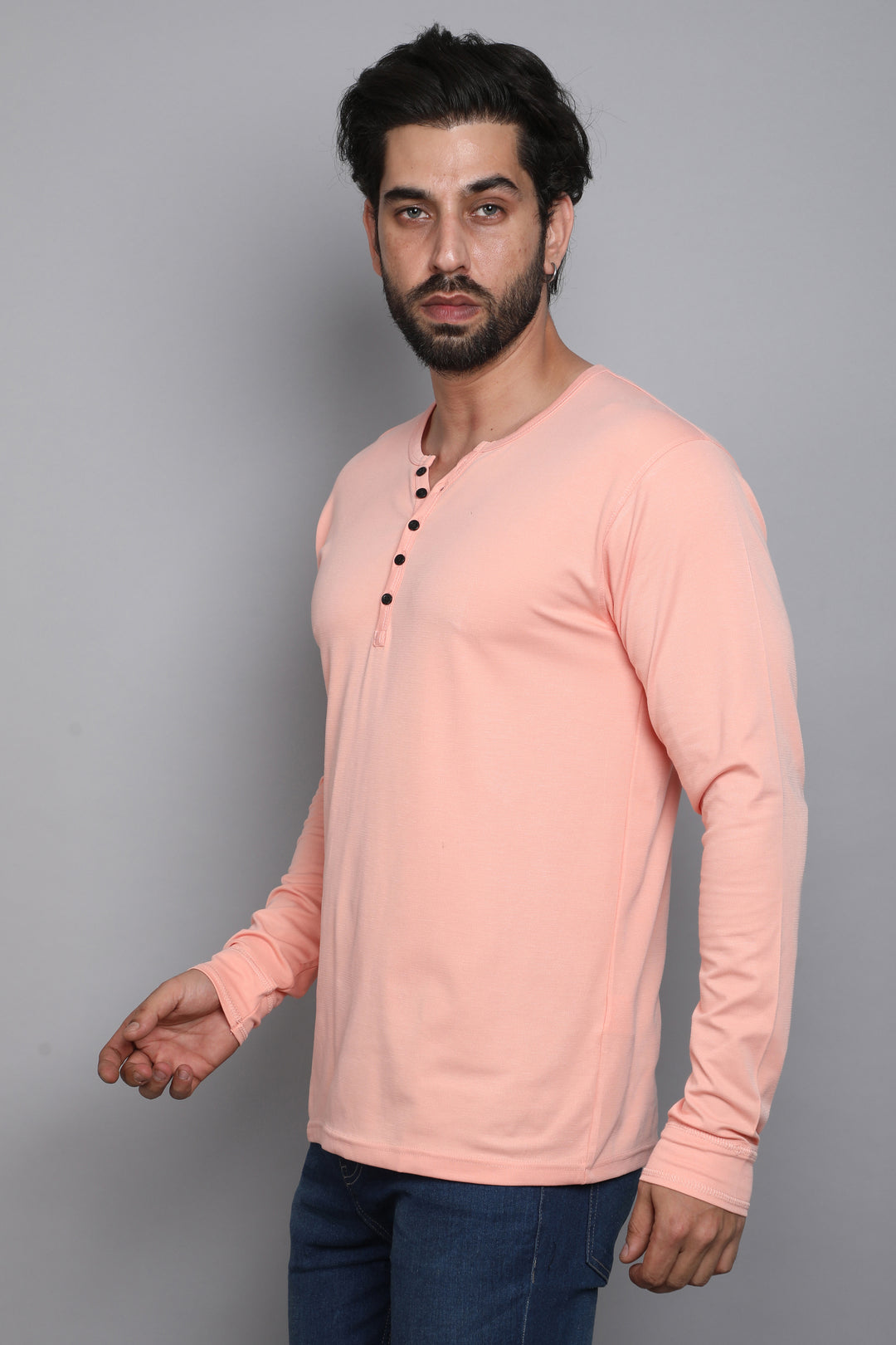 Cotton Peach Henley Long Sleeves T-Shirt