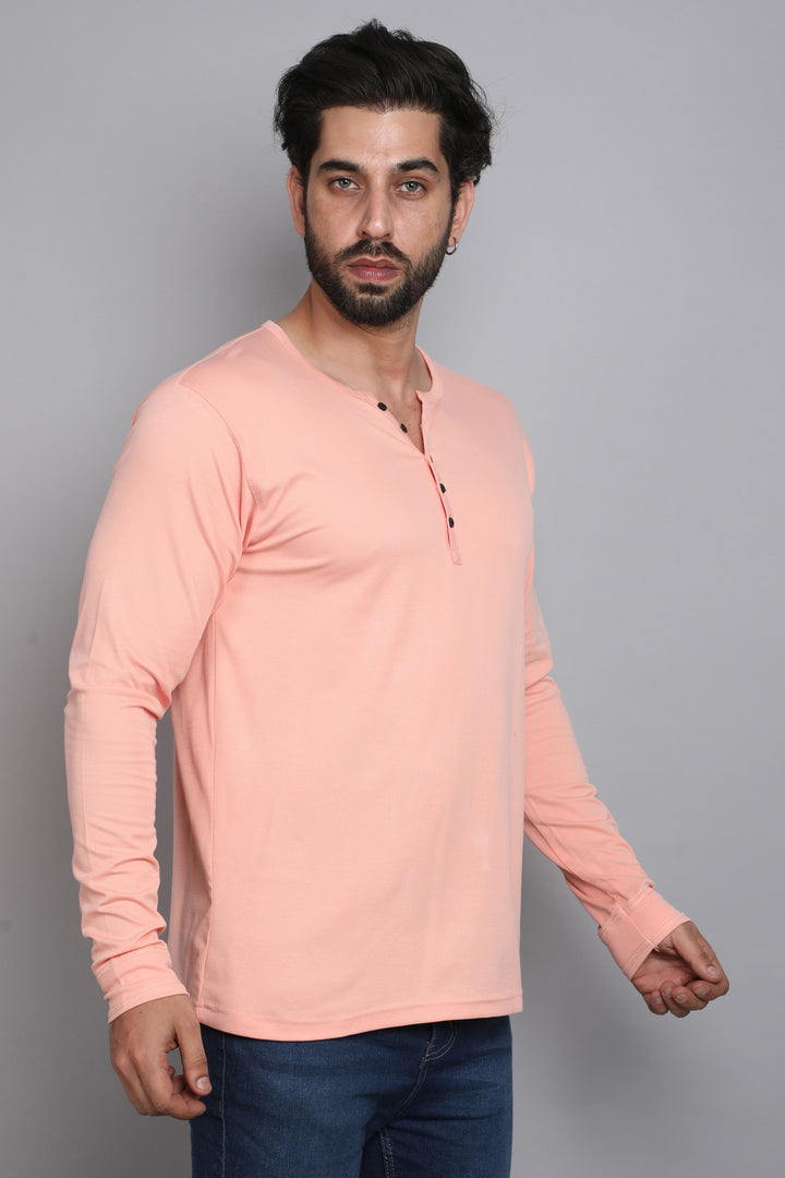 Cotton Peach Henley Long Sleeves T-Shirt