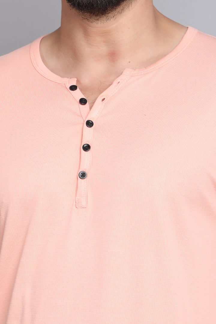Cotton Peach Henley Long Sleeves T-Shirt