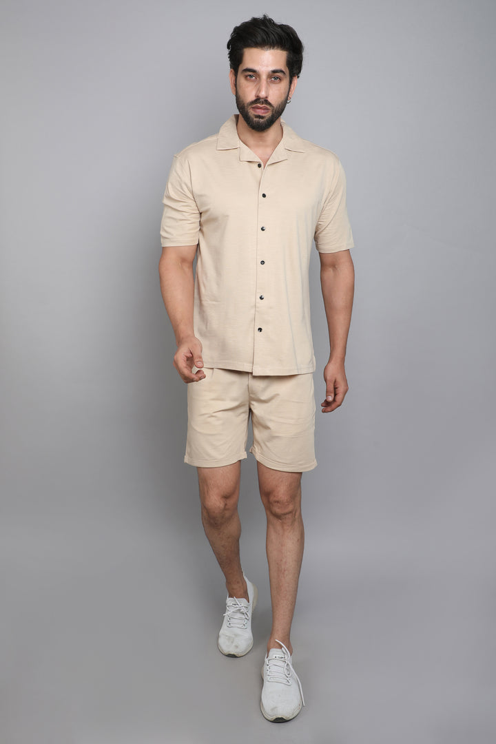 Cream Slub Lycra Fabric Co-ord Set Shorts