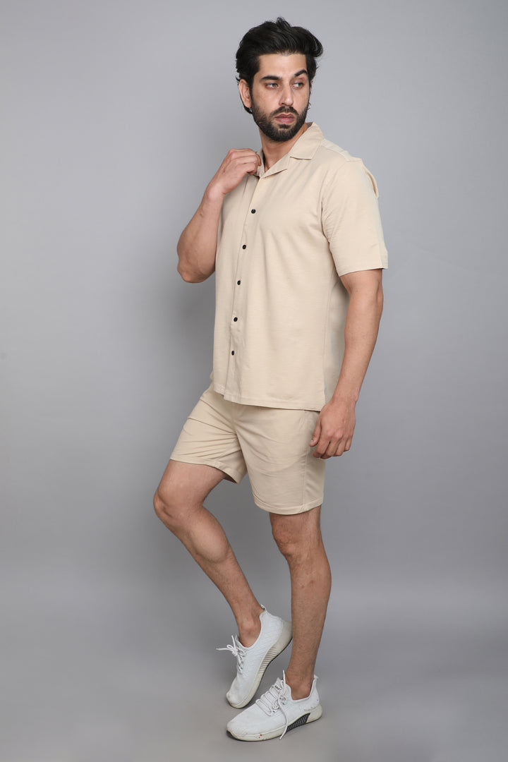 Cream Slub Lycra Fabric Co-ord Set Shorts