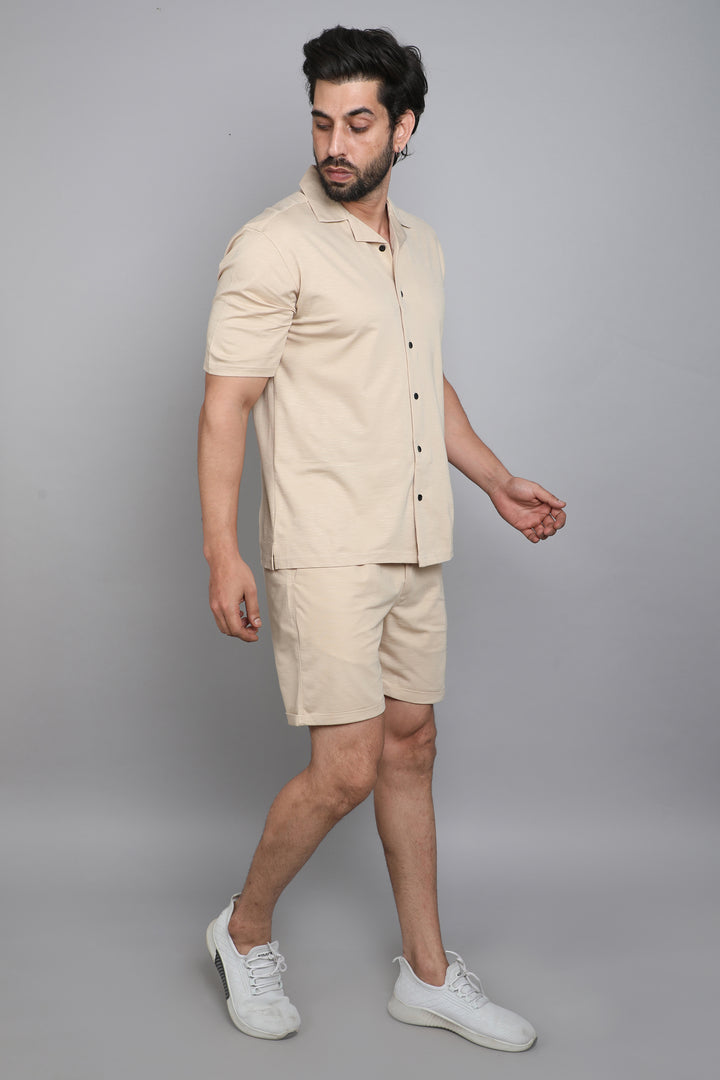 Cream Slub Lycra Fabric Co-ord Set Shorts