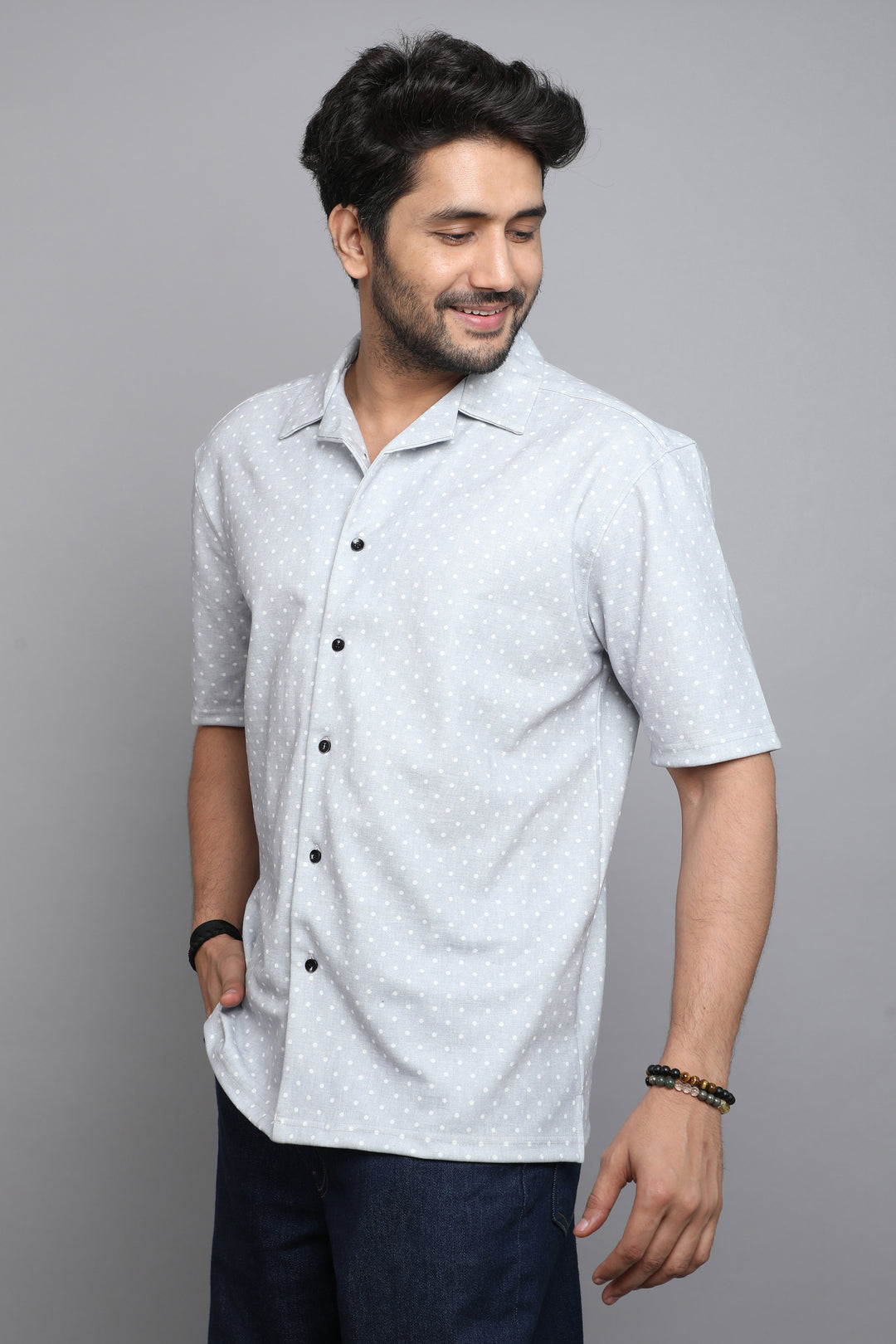 Cotton Polka Dot Grey Half Stripe & Printed Shirts